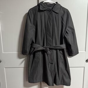 London Fog Petite Hooded Button Front Trench Coat Waist Tie Black 2P Pockets